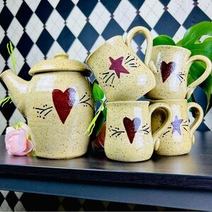 Studio Pottery Tea Set Stoneware Teapot and Four Mugs Heart Star Motif Primitive